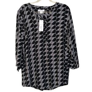 Liz Claiborne Black White Geometric Tunic Blouse XXL 3/4 Sleeve Split Neck New